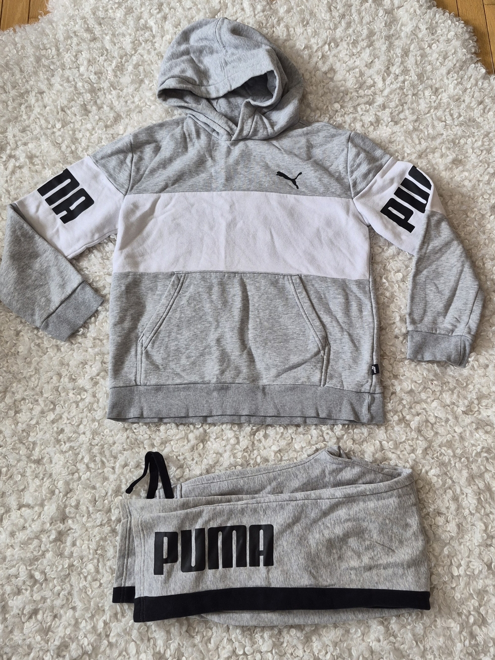 Puma Gray White Kids Youth Tracksuit Hoodie Joggers Set 14-16 Years Sporty
